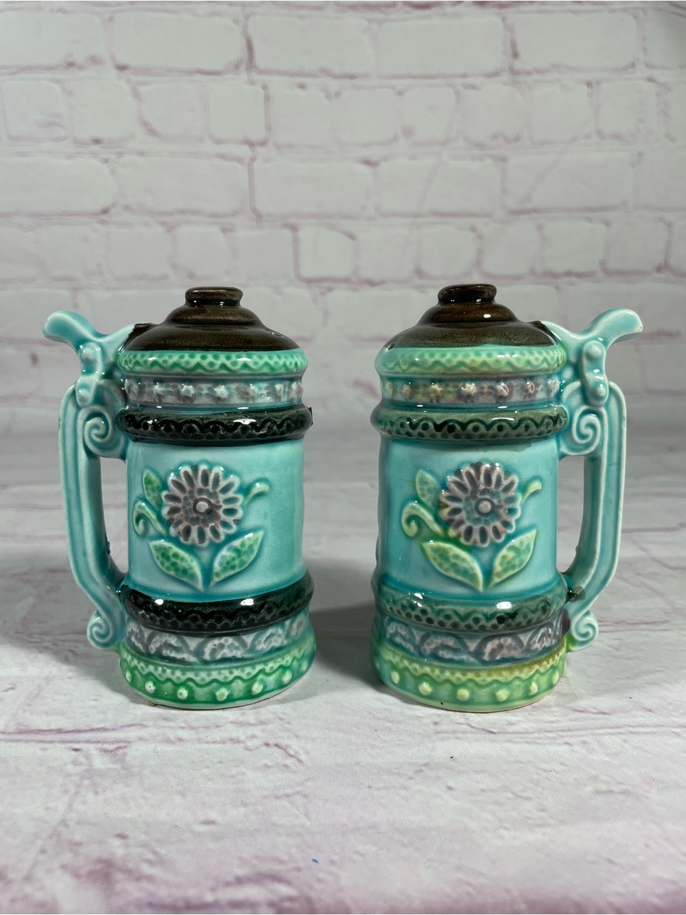 Vintage Teal Floral Ceramic Lidded Beer Stein Salt and Pepper Shaker Pair Japan